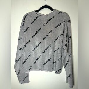 BALENCIAGA WOMEN'S ALLOVER LOGO STRASS CRYSTAL SWEATER IN SILVER Size M/ US 6
